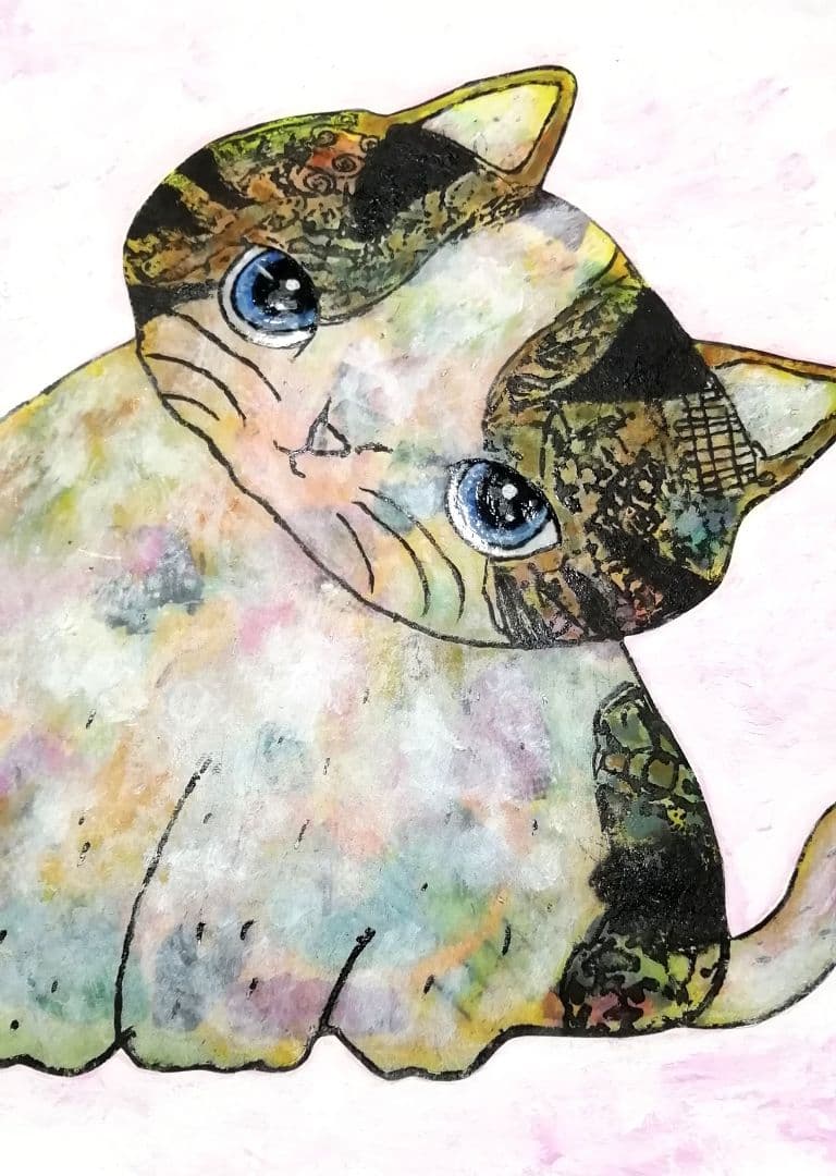 額付き銅版画応用絵画　title「よりそい猫」
