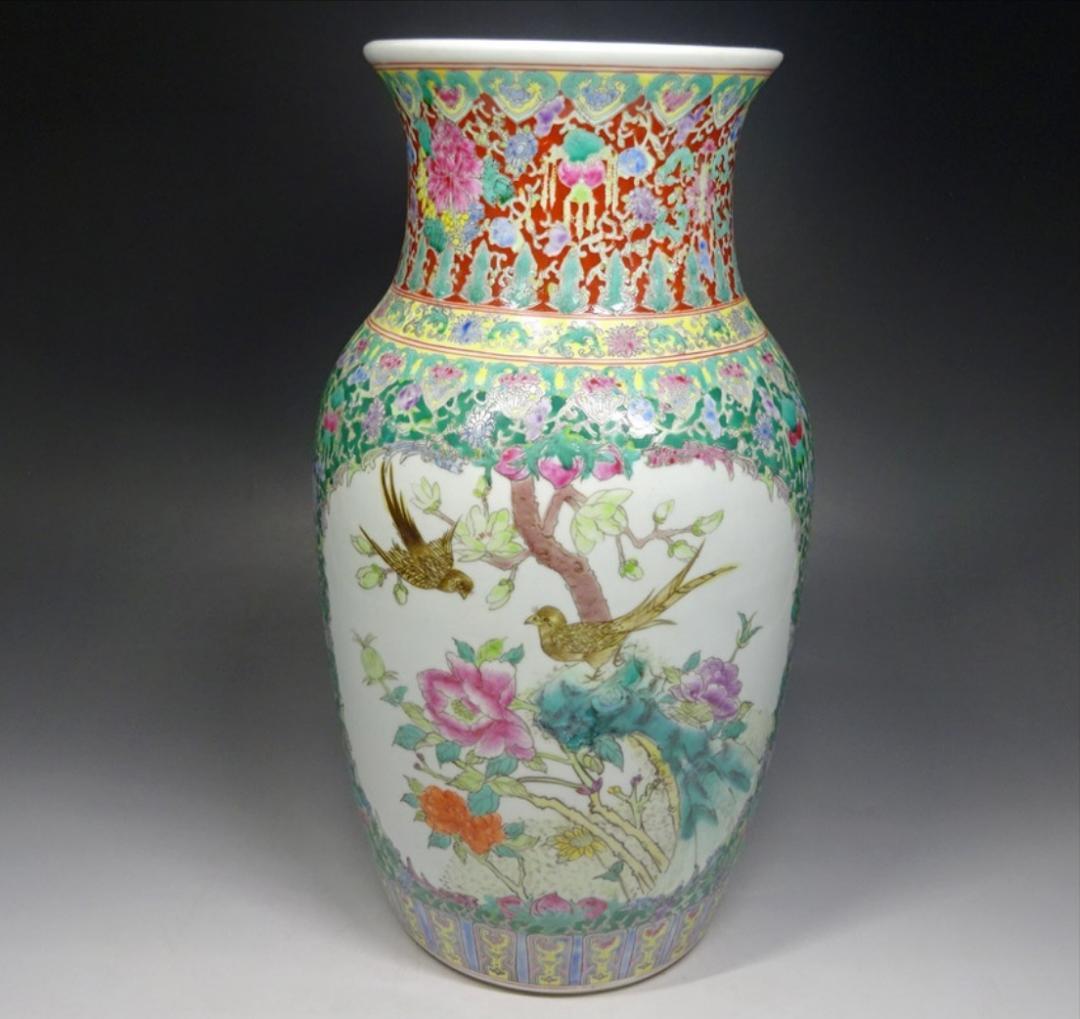 中国古玩 大清乾隆年製 粉彩 花鳥図 花瓶 高約35cm 時代物 c06101