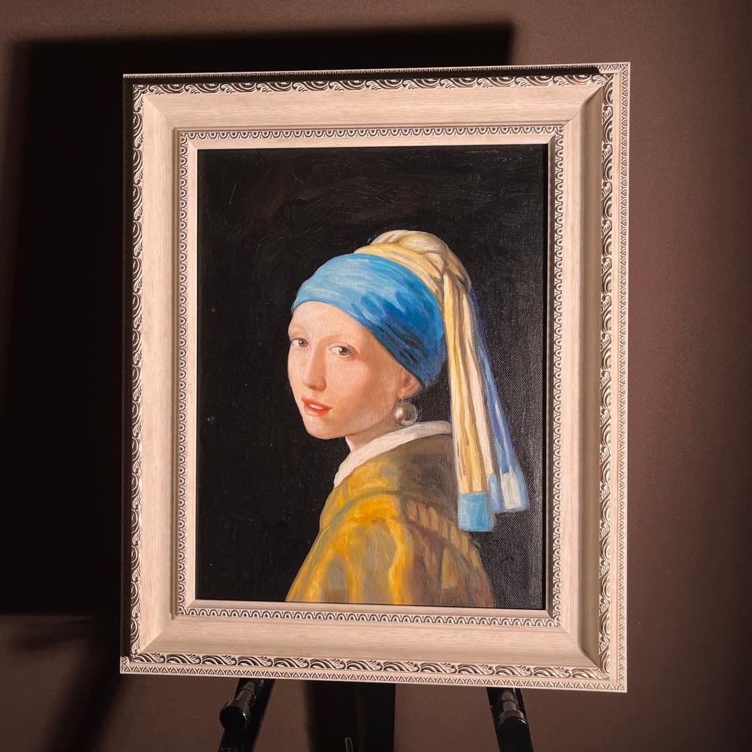 ★秀作★ 手書き油絵 フェルメール 真珠の耳飾りの少女 額付 絵画 油彩画