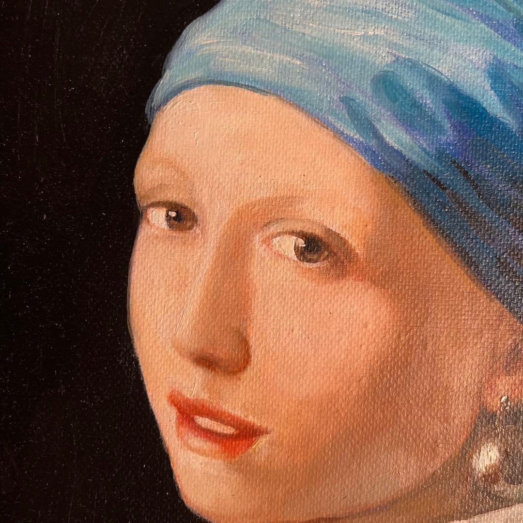 ★秀作★ 手書き油絵 フェルメール 真珠の耳飾りの少女 額付 絵画 油彩画