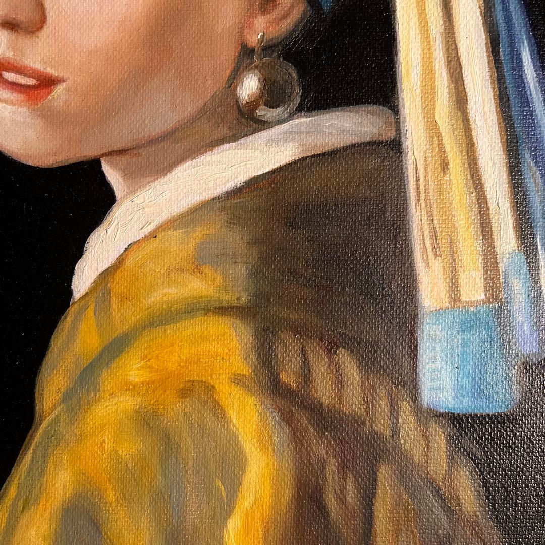 ★秀作★ 手書き油絵 フェルメール 真珠の耳飾りの少女 額付 絵画 油彩画