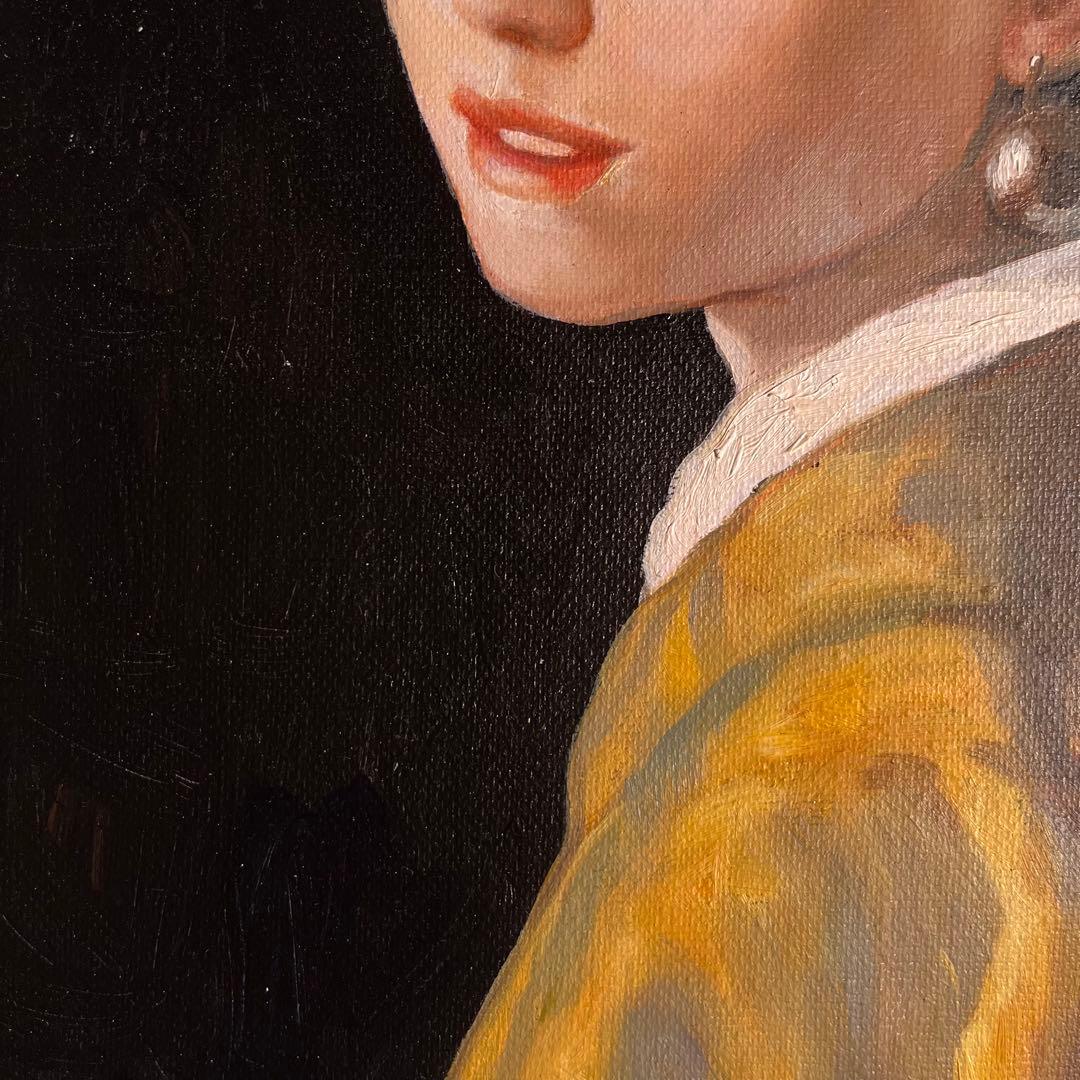 ★秀作★ 手書き油絵 フェルメール 真珠の耳飾りの少女 額付 絵画 油彩画