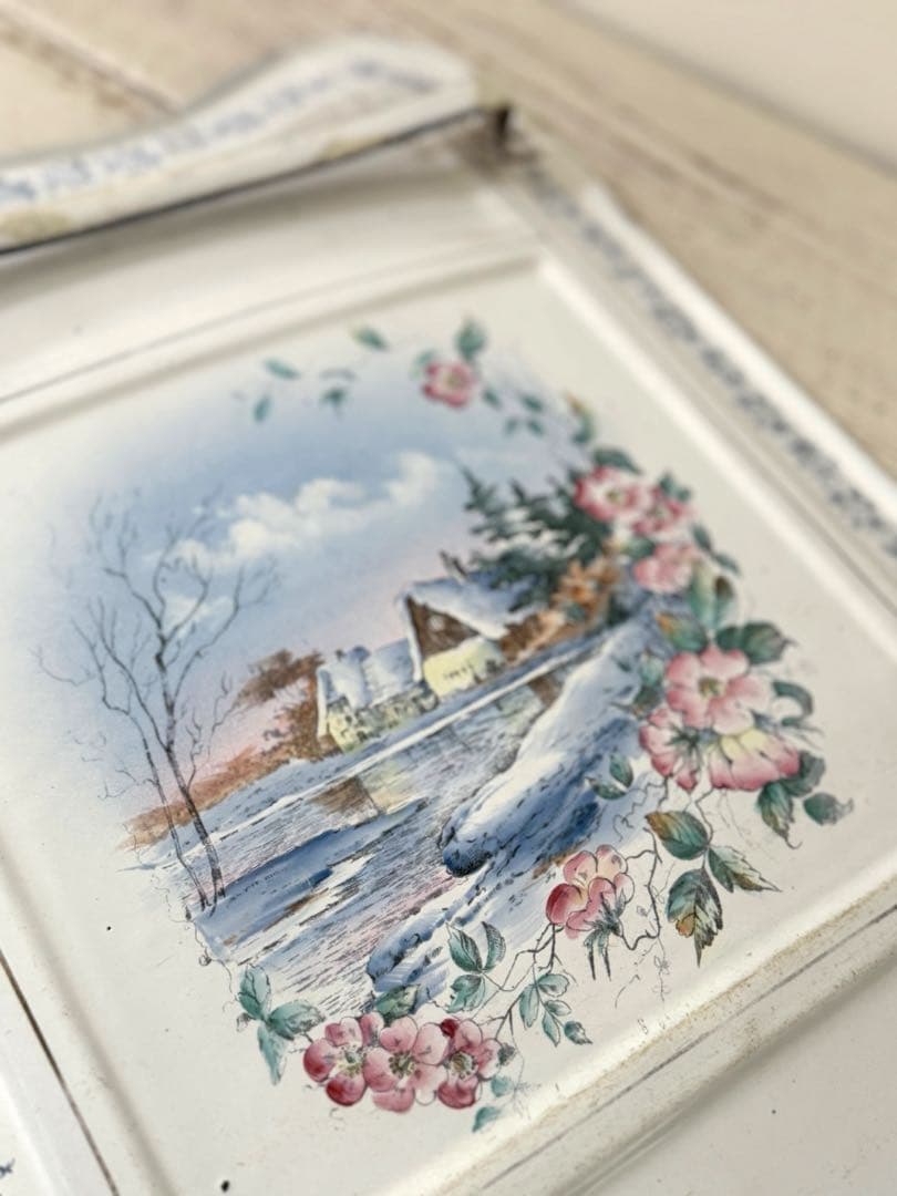 フランスアンティーク ホーローレードルラック花と風景の手描き絵 ハンドペイント