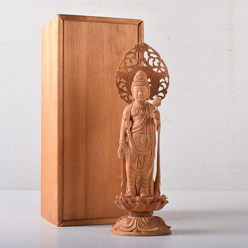 仏教美術　木彫　白檀　観世音菩薩像　仏像　置物　時代箱　C　7585