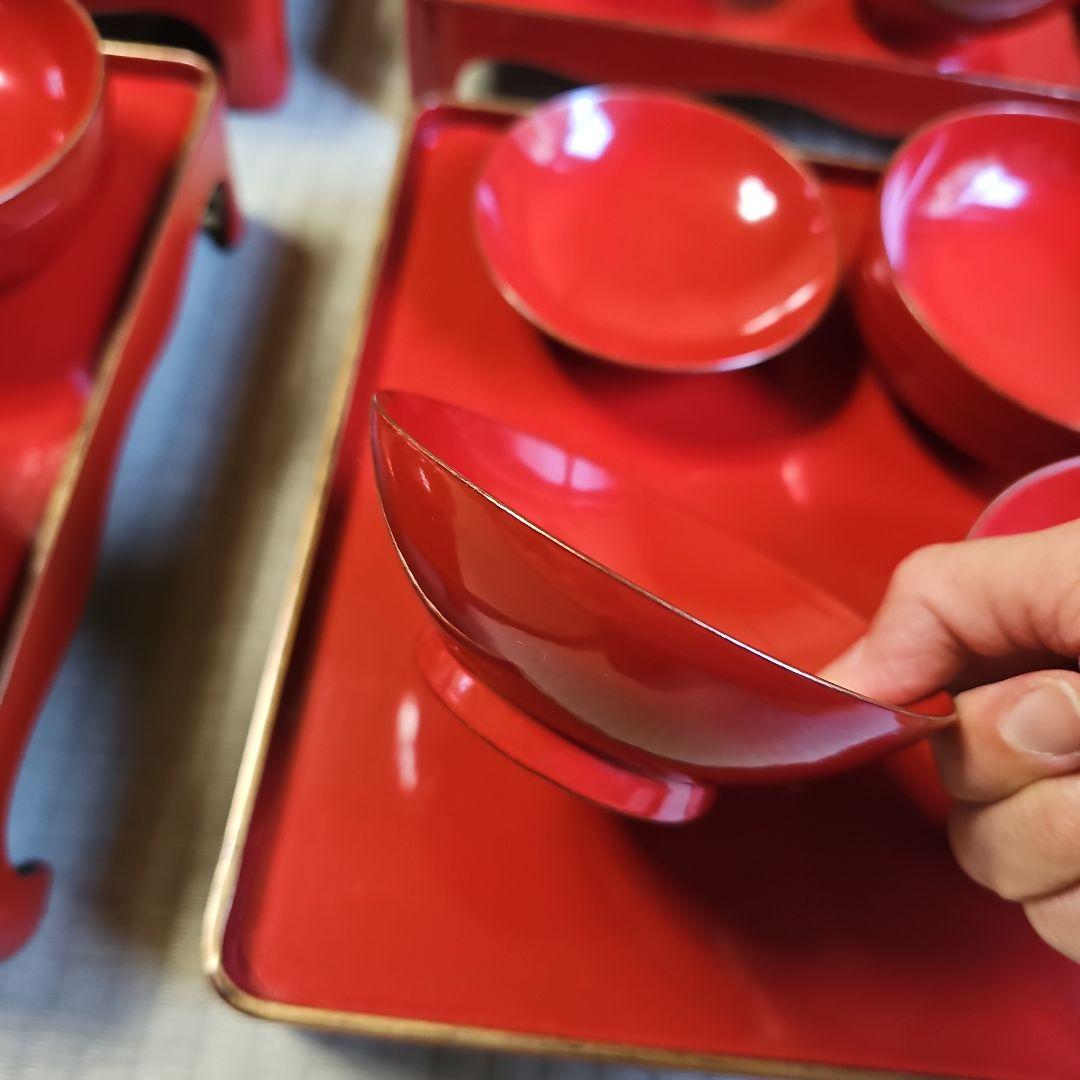 昭和レトロ/1950年代前半物】赤漆塗り お膳セット 金縁 会席膳 茶懐石6客