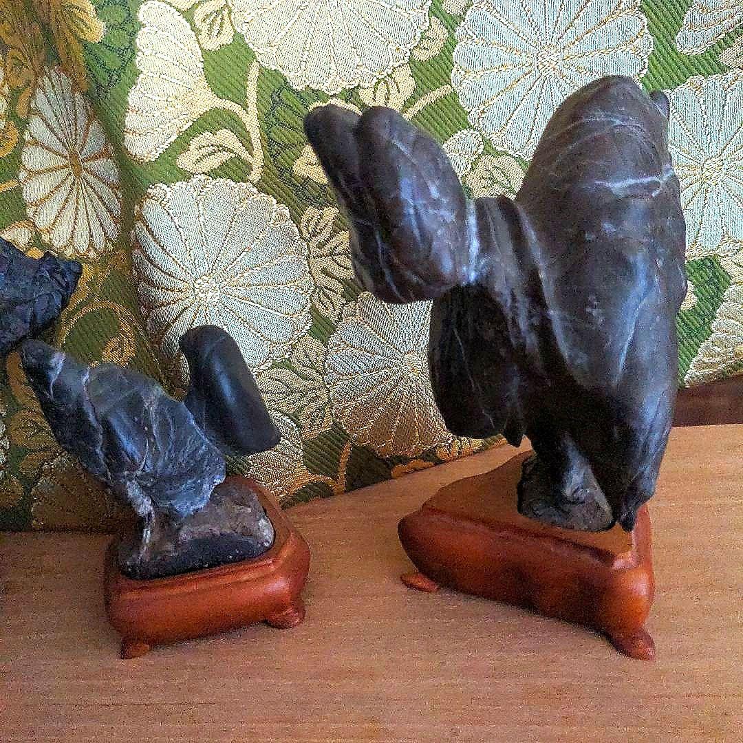 【最終価格】紀州名産　古谷石　銘、親子鶏　　谷本百穂箱書付　水石　盆石