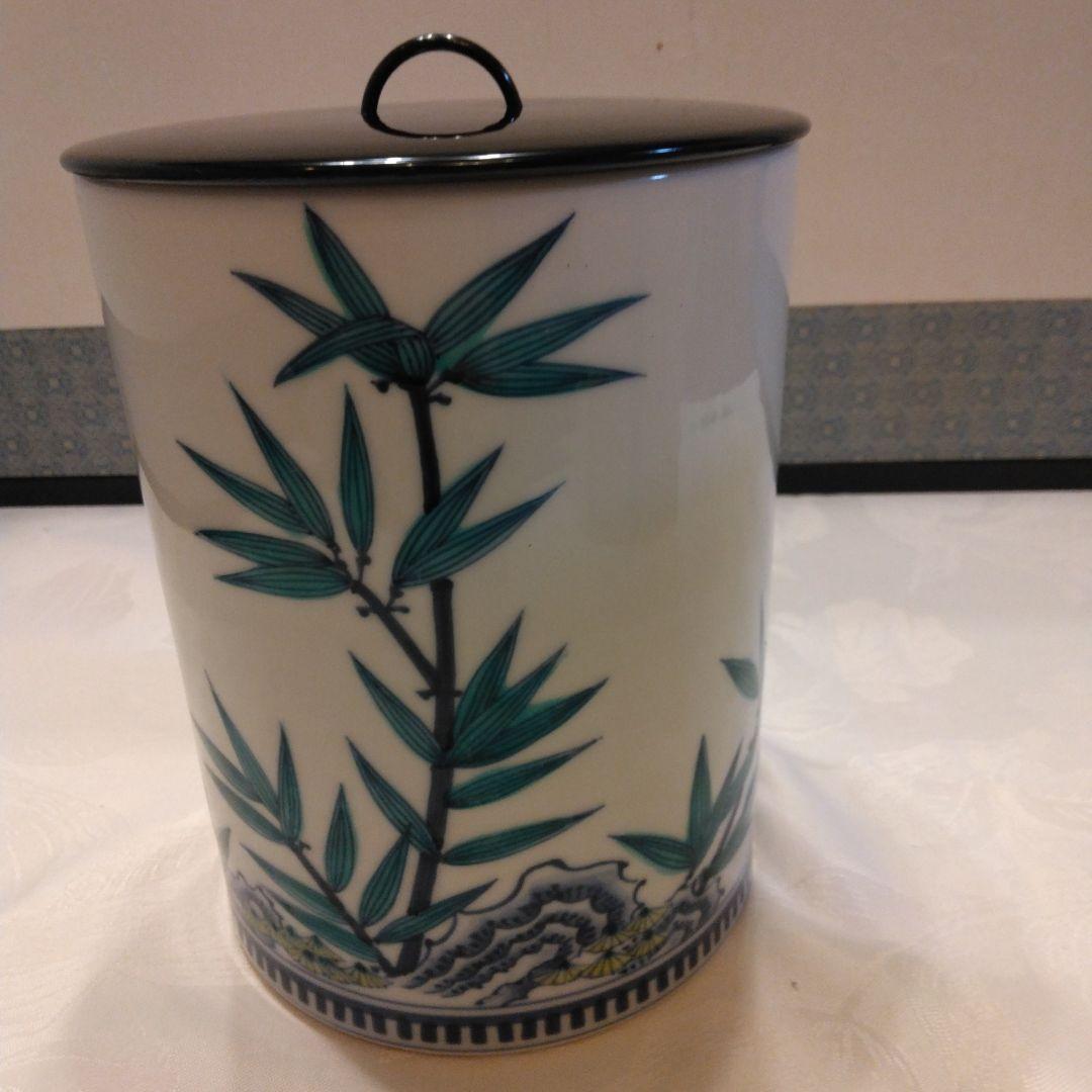 御室窯 色絵 岩竹 水指 一重口 塗蓋 共箱 茶道具