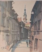 【真作】絵画　水彩（色紙）　フランクフルトのまち　スケッチ風景　Y197