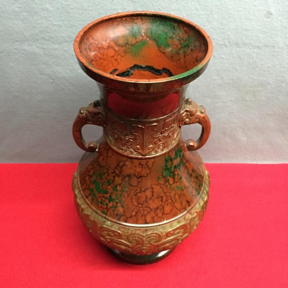 Y【中古】銅製花瓶 龍 飾り壺 青銅 耳付き 兼春作 双耳 古美術 アンティーク