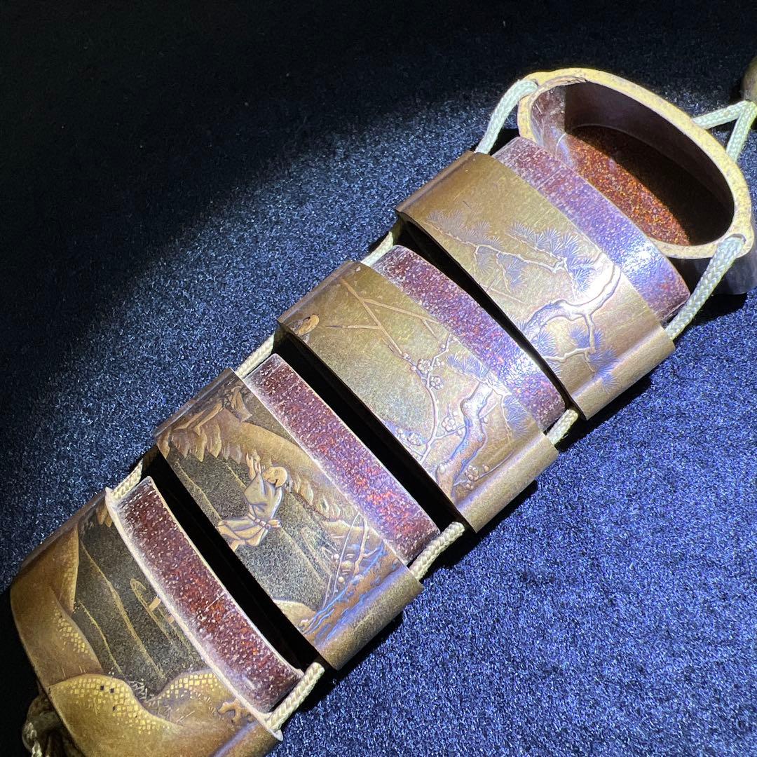 江戸時代　極上蒔絵山水人物画五段印籠、木彫根付　木箱付　東Y8-0128☆2F