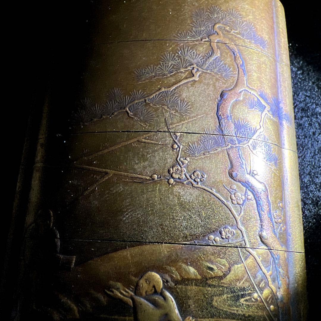 江戸時代　極上蒔絵山水人物画五段印籠、木彫根付　木箱付　東Y8-0128☆2F