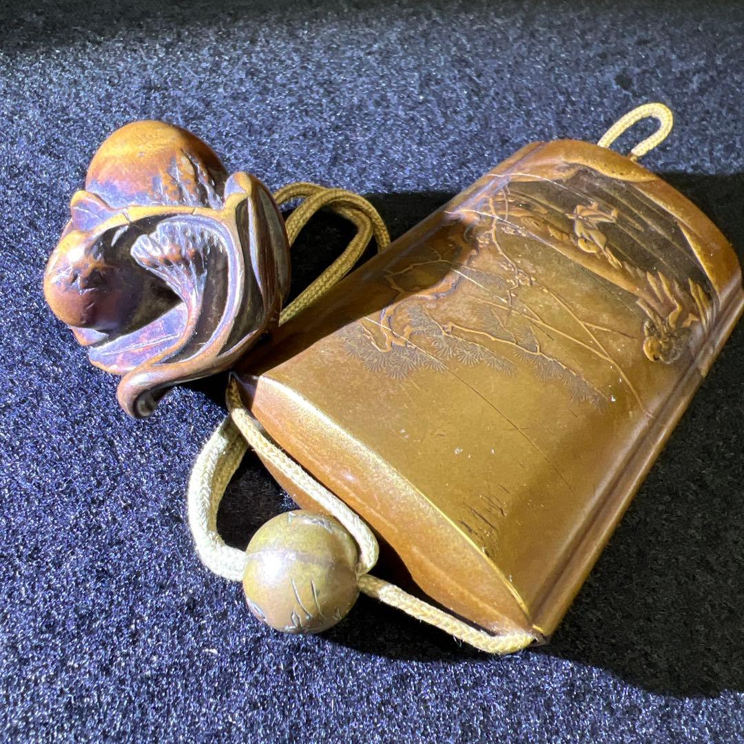 江戸時代　極上蒔絵山水人物画五段印籠、木彫根付　木箱付　東Y8-0128☆2F