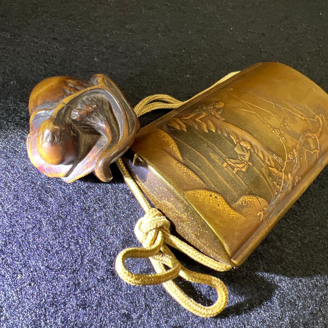 江戸時代　極上蒔絵山水人物画五段印籠、木彫根付　木箱付　東Y8-0128☆2F