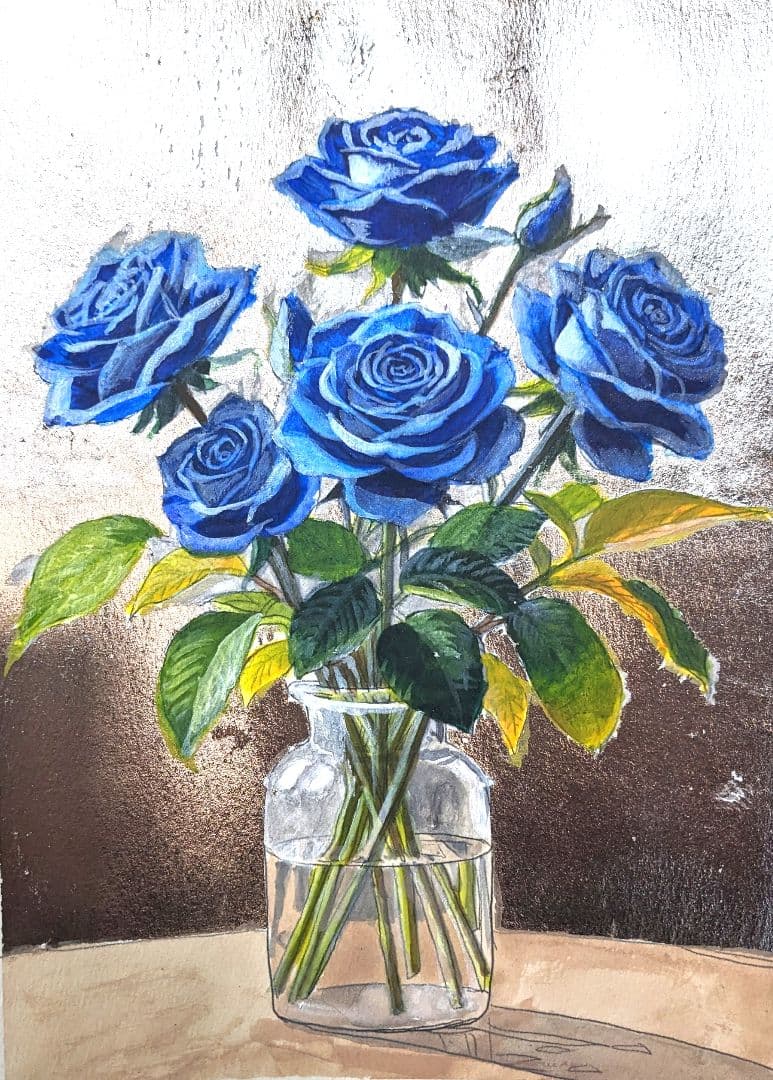 超美品！値下げ交渉あり。最高級プラチナ箔の青薔薇 アクリル画 絵画