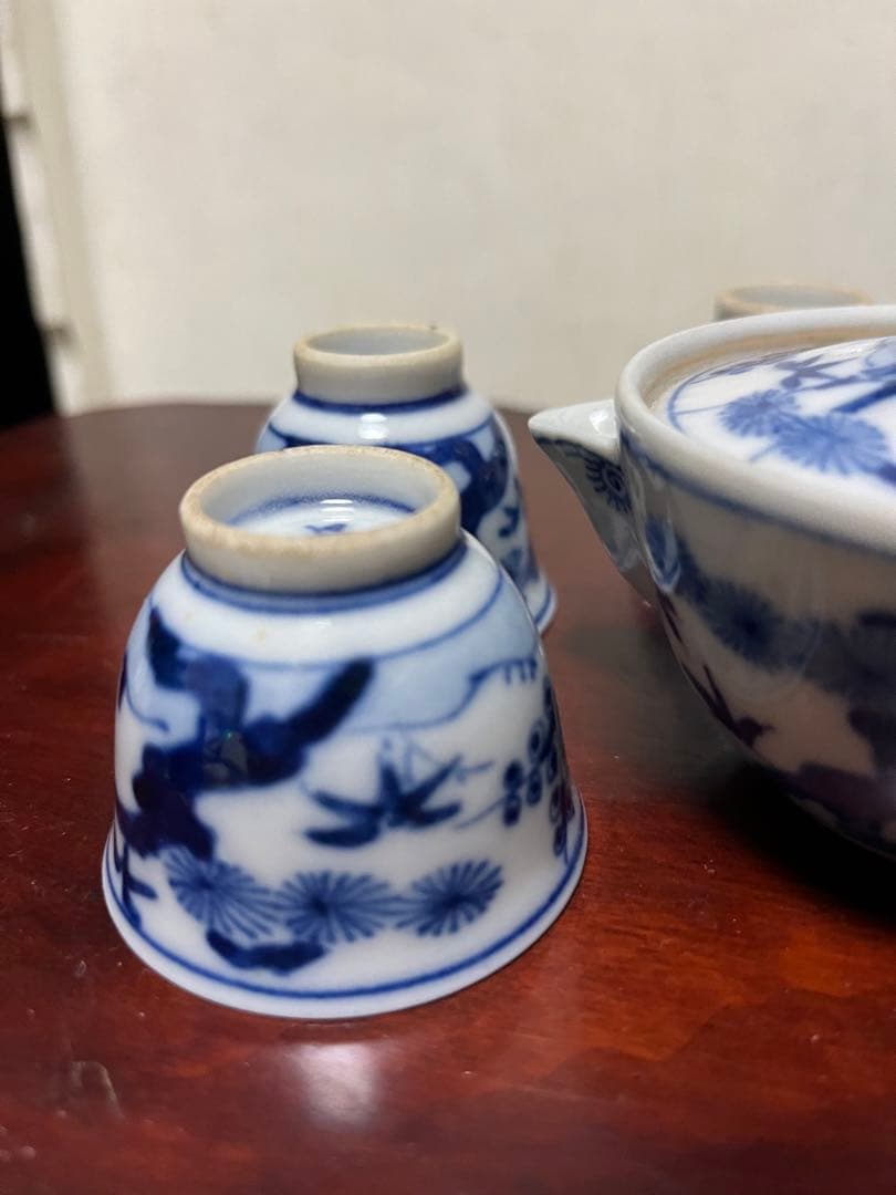 煎茶道具　松竹梅　九谷焼　染付 松竹梅　煎茶器セット　5客　花輪型湯冷　時代