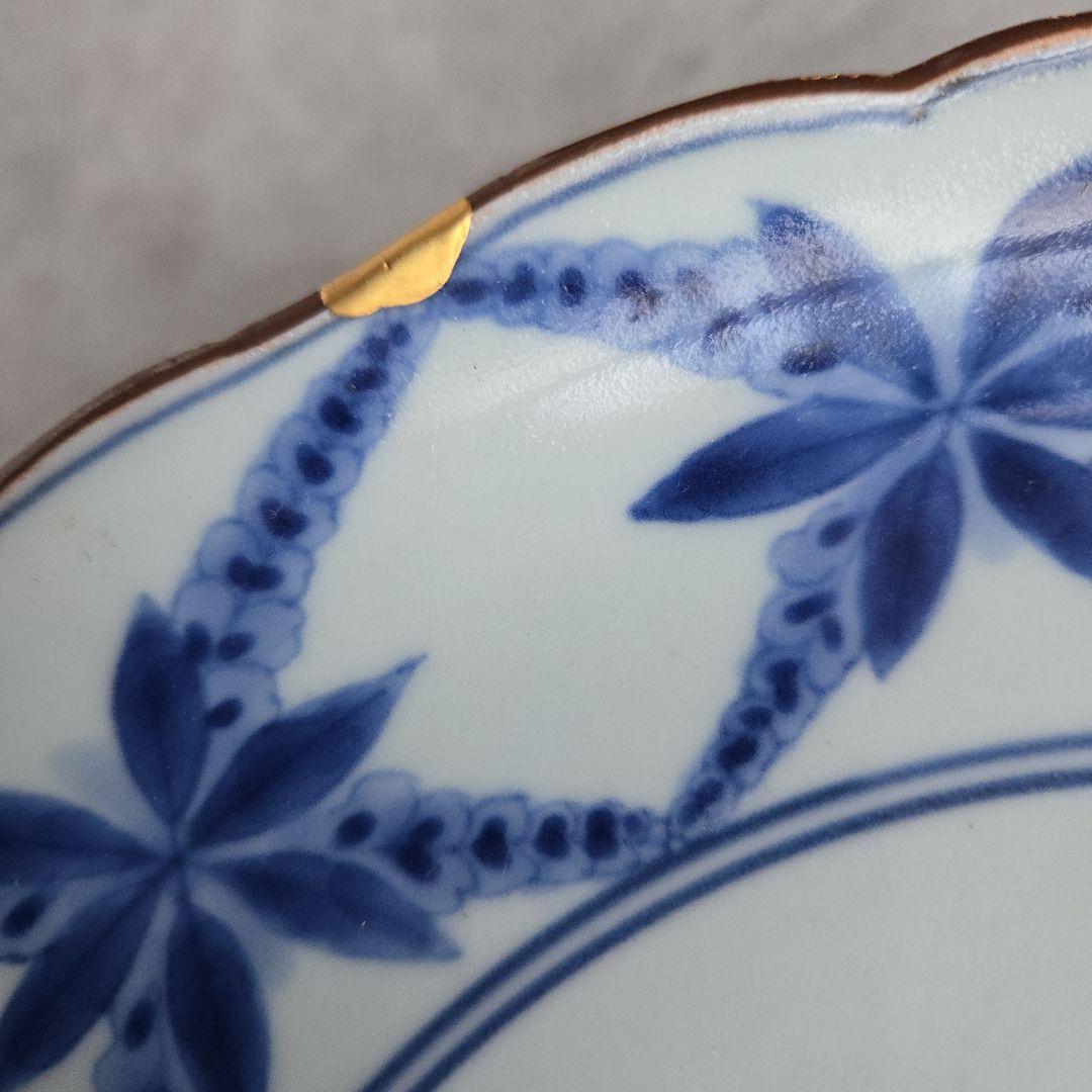 古伊万里　染付　七寸皿　藤　江戸時代　金直し　骨董　金継ぎ　アンティーク　五弁花
