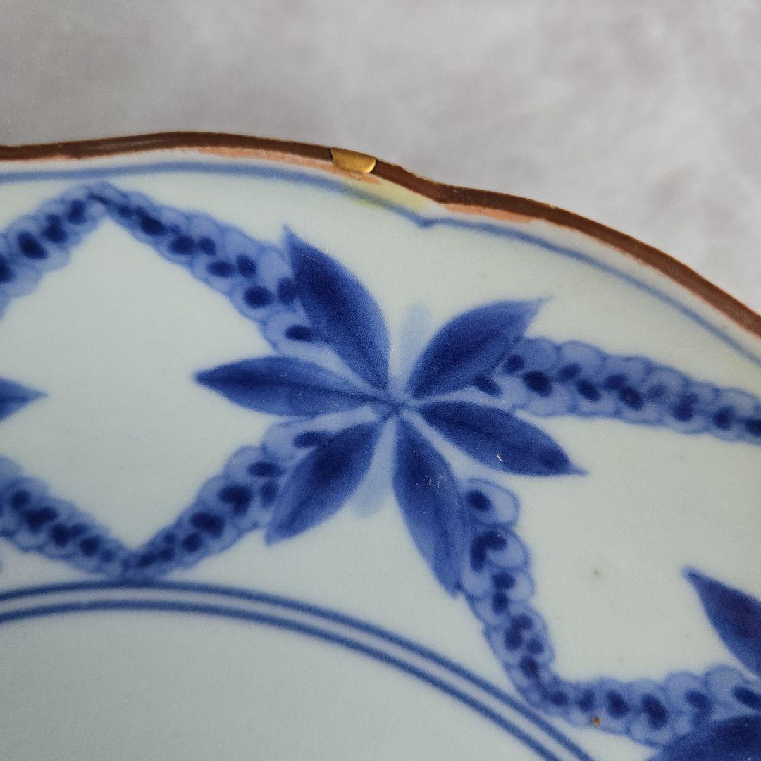 古伊万里　染付　七寸皿　藤　江戸時代　金直し　骨董　金継ぎ　アンティーク　五弁花