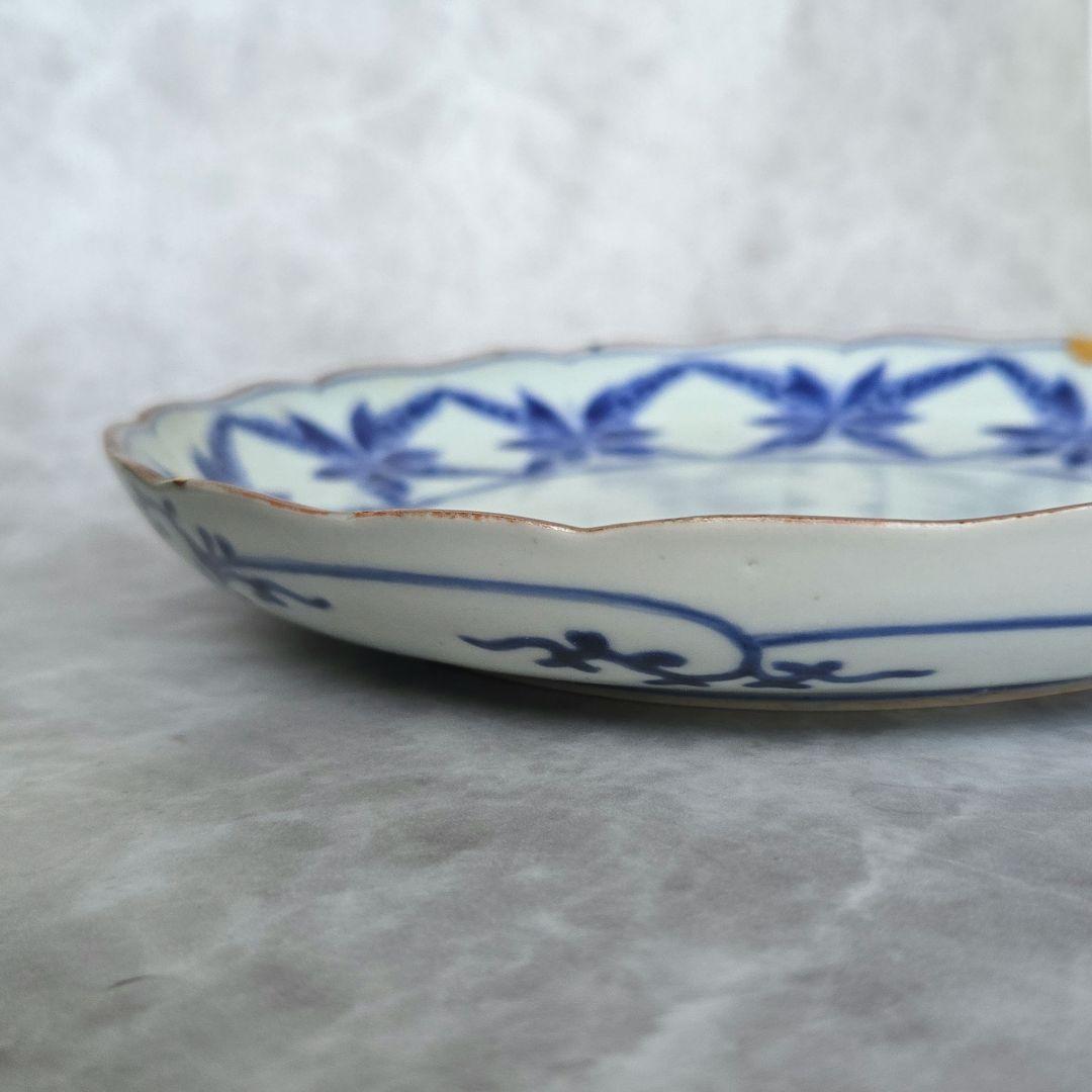 古伊万里　染付　七寸皿　藤　江戸時代　金直し　骨董　金継ぎ　アンティーク　五弁花