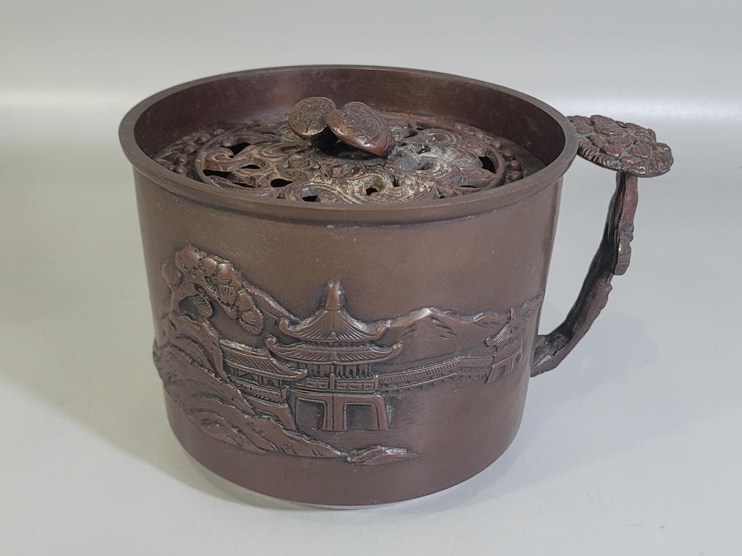 煎茶 銅 楼閣山水紋 霊芝手付 建水 琢斎造 DT322