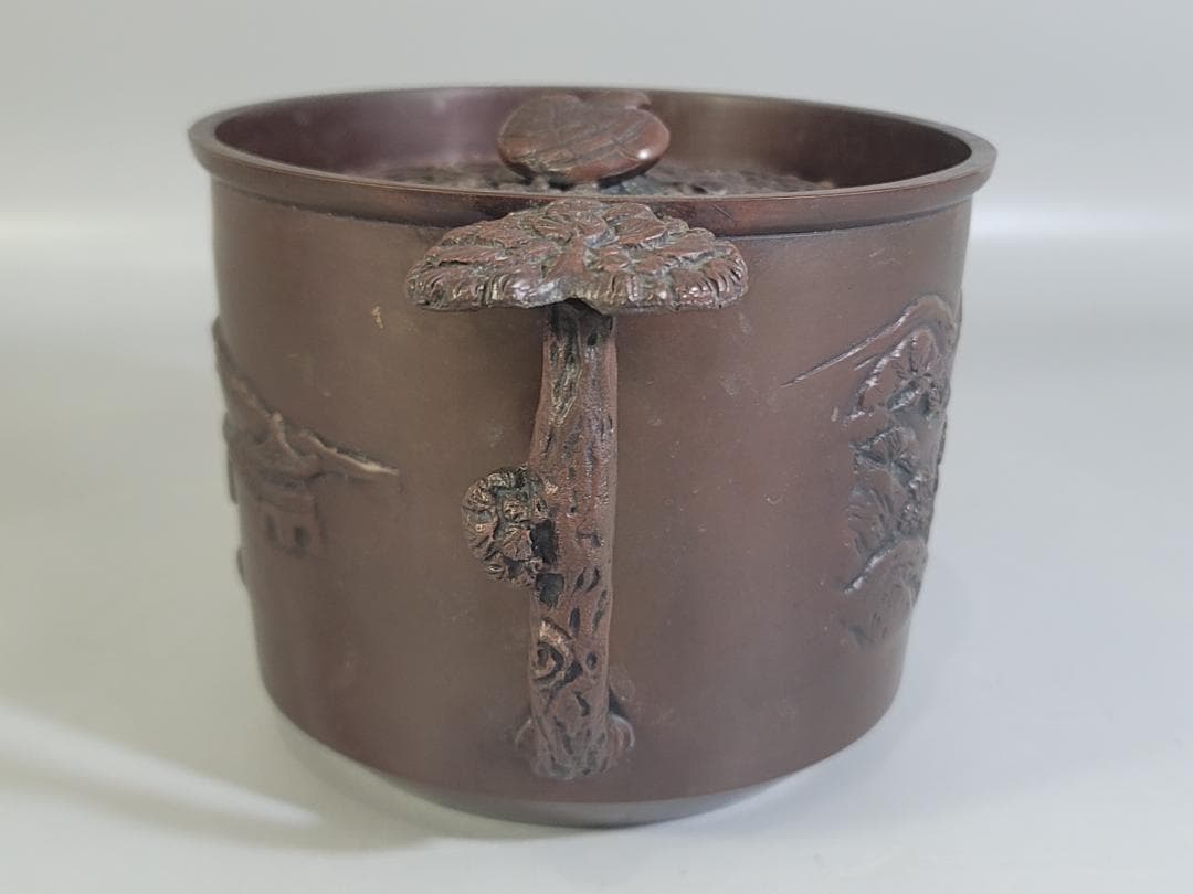 煎茶 銅 楼閣山水紋 霊芝手付 建水 琢斎造 DT322