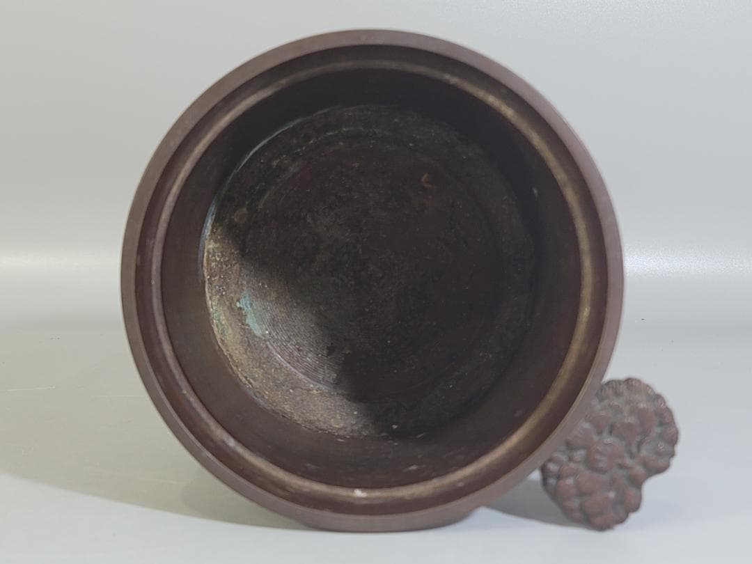 煎茶 銅 楼閣山水紋 霊芝手付 建水 琢斎造 DT322