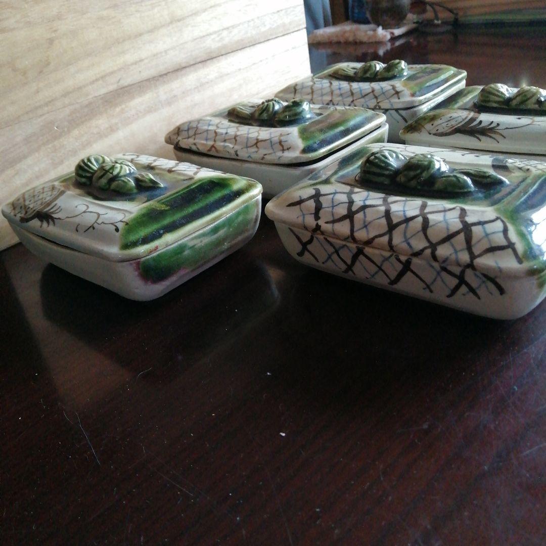 京焼　織部蓋付四方鉢　5客　14.5cm　幕末〜大正期