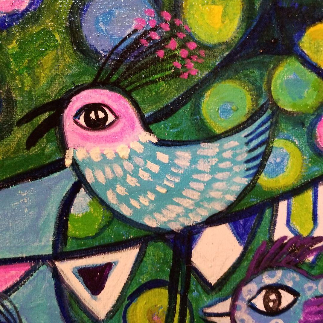 油絵　にゃんこ　足の長い鳥が住む街