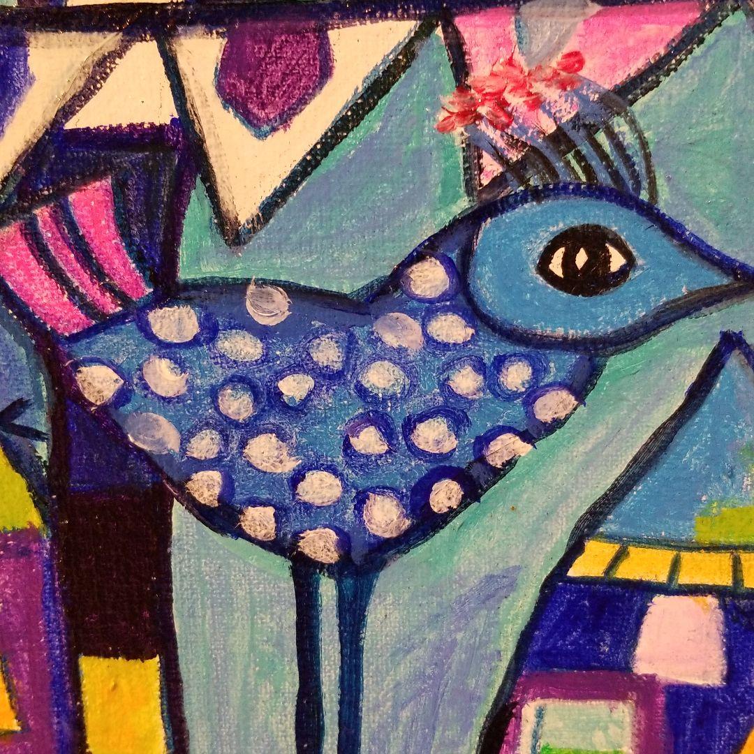 油絵　にゃんこ　足の長い鳥が住む街