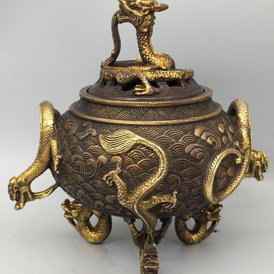 銅製 三足龍薫香炉 茶道香炉 装飾品 工芸品 置物