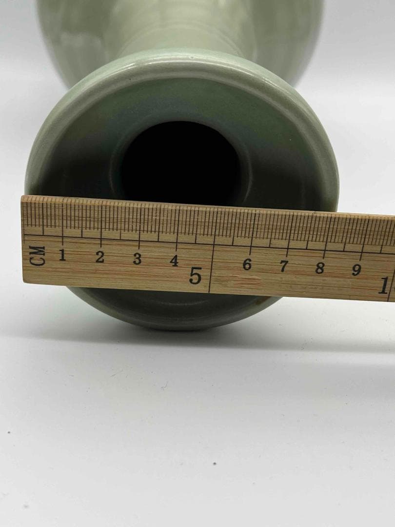 南宋時代　龍泉窯　 梅子青 青磁弦文盤口瓶 花入　花瓶　茶道具(E-81)