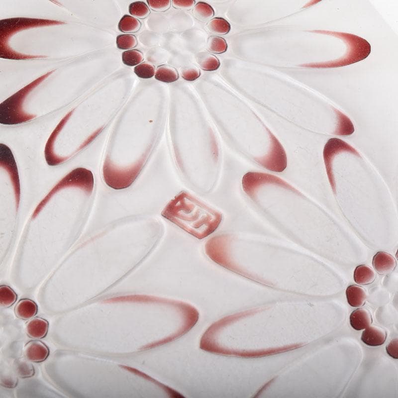 ガラス工芸　荒木良忠作　玻璃彫刻　銅赤花ノ輪文皿　共箱　C　9155