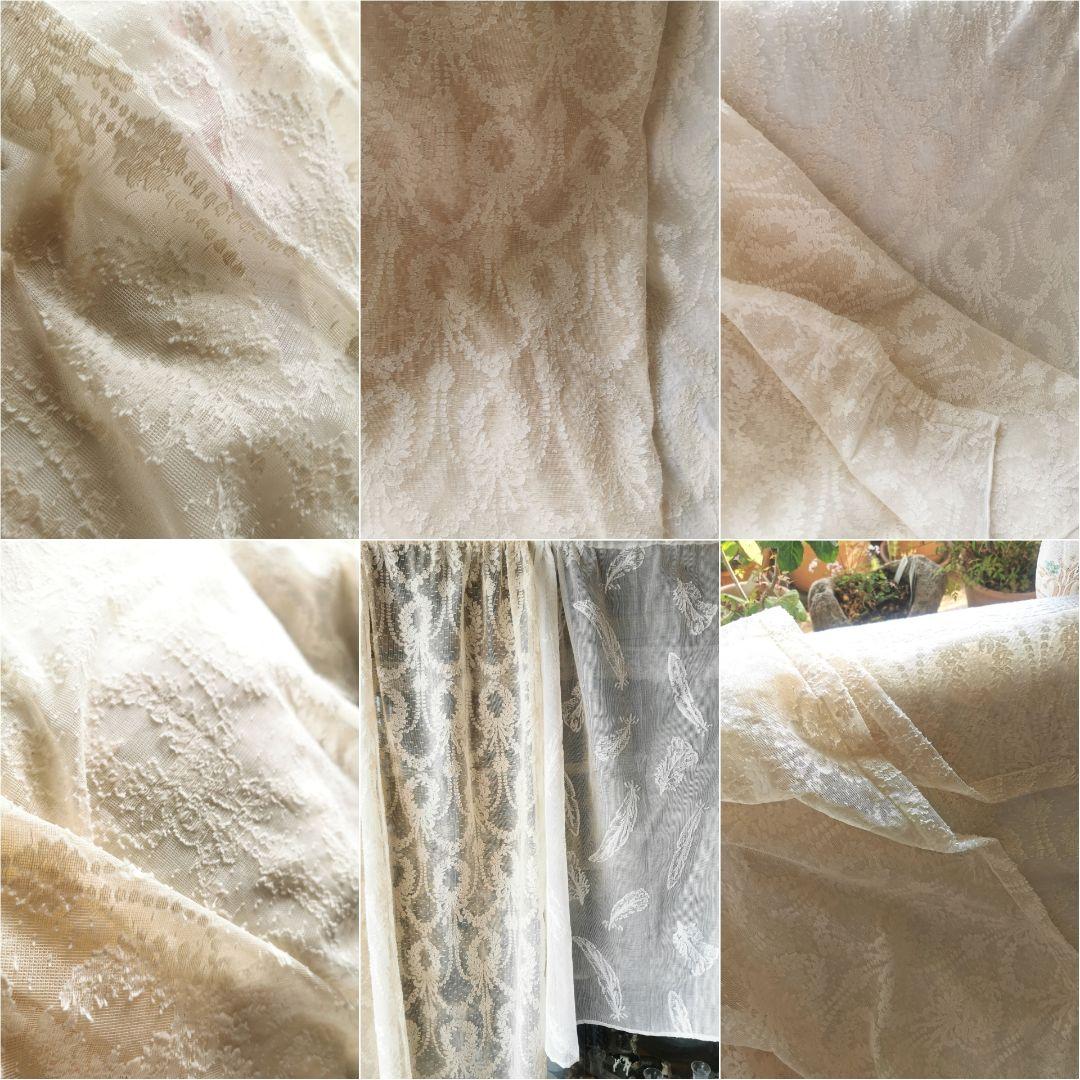 アンティークノッティンガムマドラスレース 美しい花冠リボン 幅広カーテンパネル