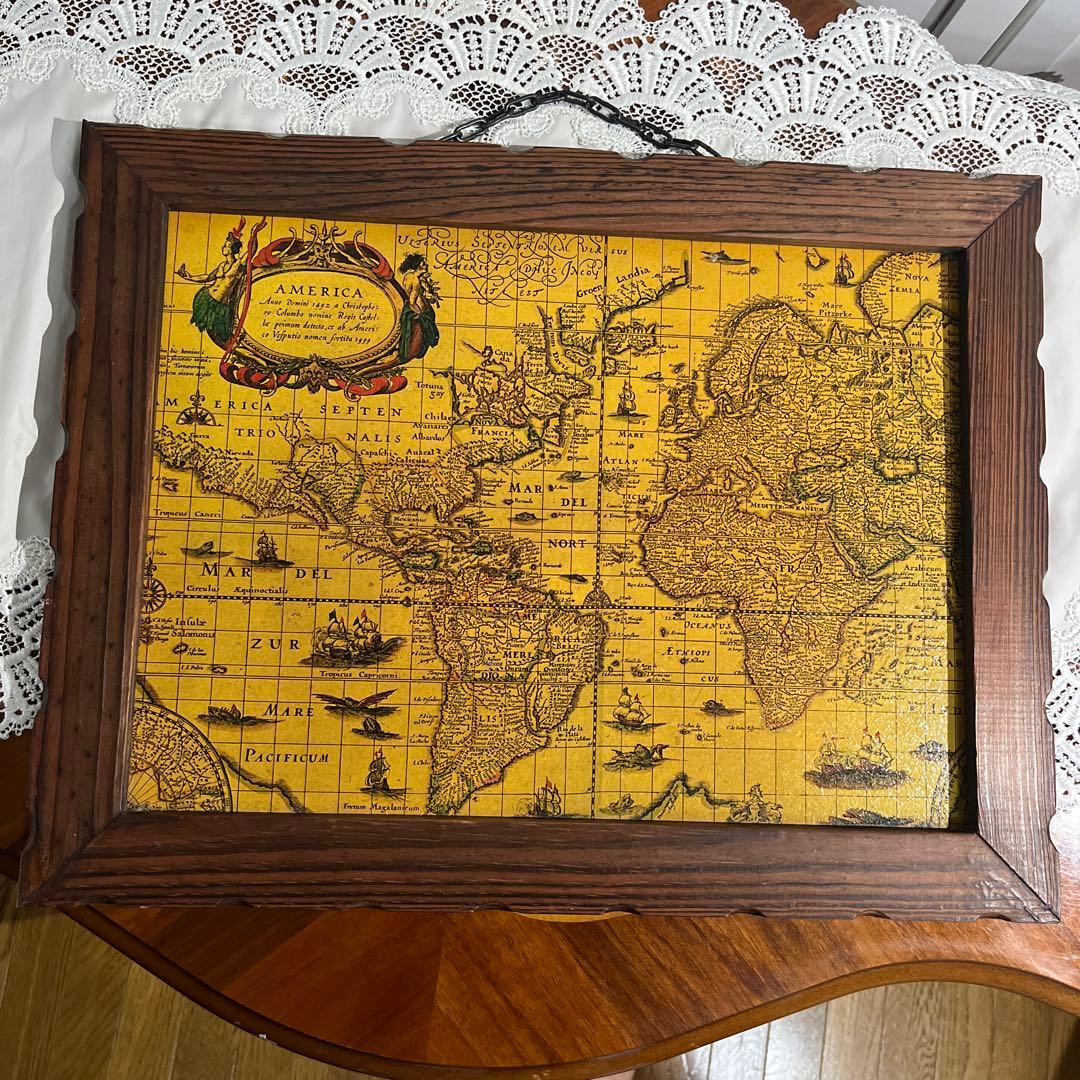 Antique アンティーク 世界地図 木製 額 スペイン製