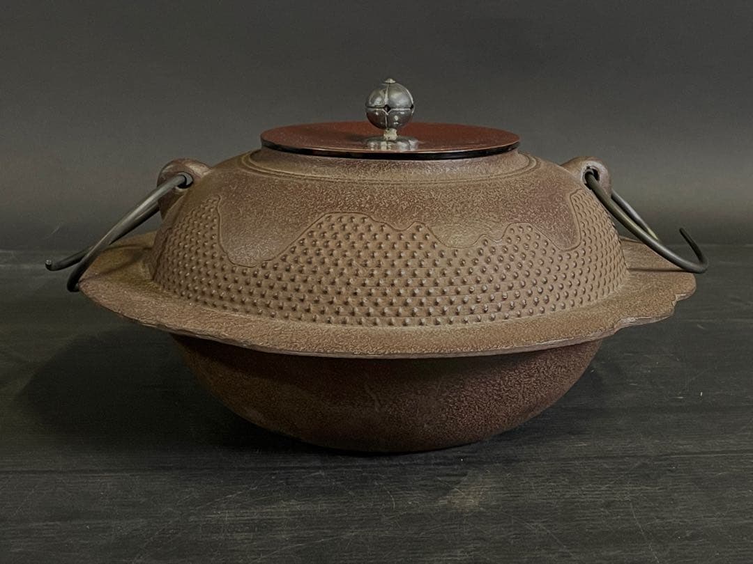 割引‼️【美品】「母」 遠山霰地紋 銀摘み 透木釜 浄清 釜鐶 共箱 （20あ）