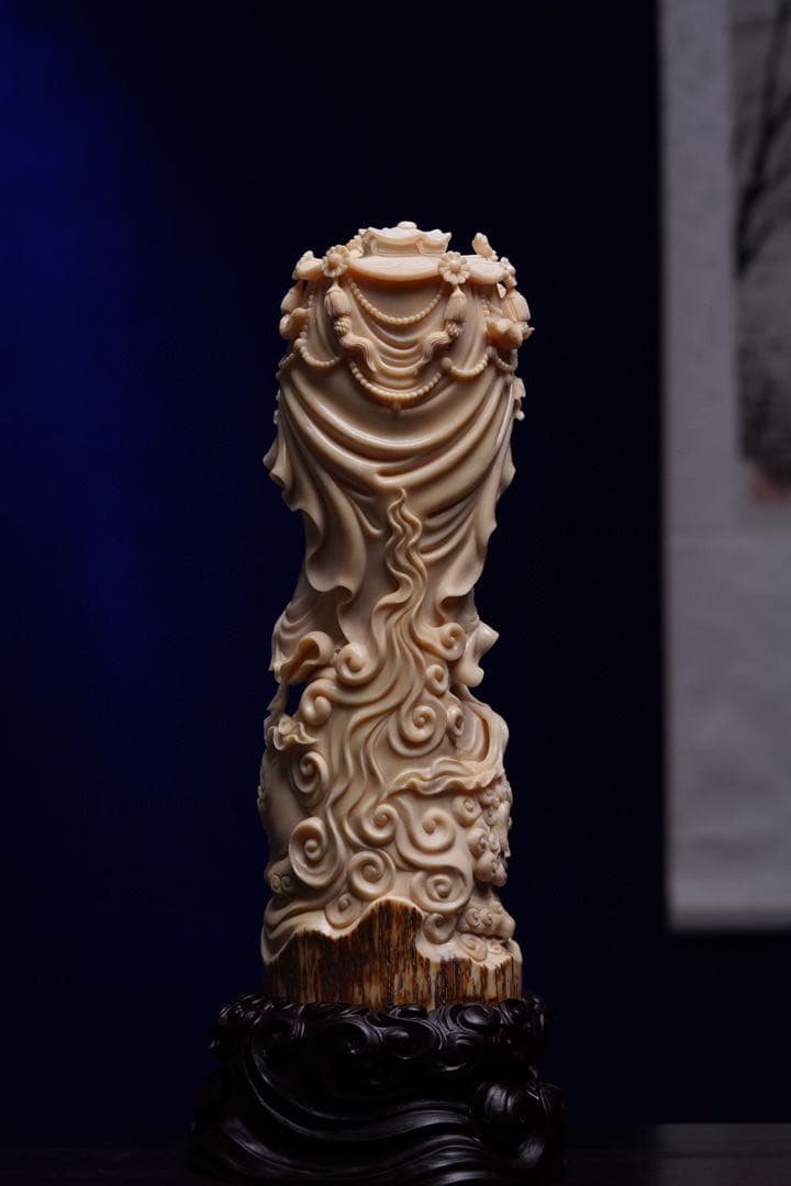 天然マンモス牙精巧な手作り彫刻文殊菩薩 置物