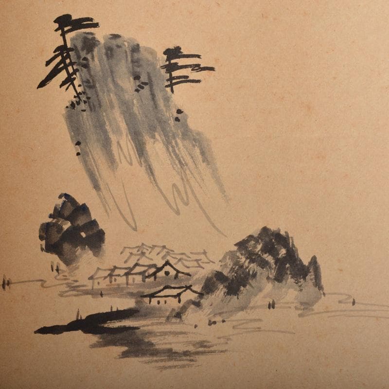 RIO　前大徳藤井誡堂筆　一行書遠山無限碧層々水墨画賛共箱　N　6498A