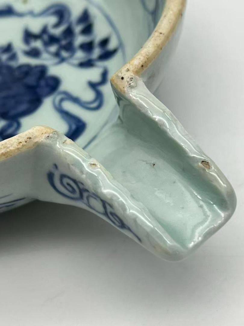 元時代　染付青花蓮池唐草文洗　輪花盤　古染付皿　唐物　古賞物(A-107)