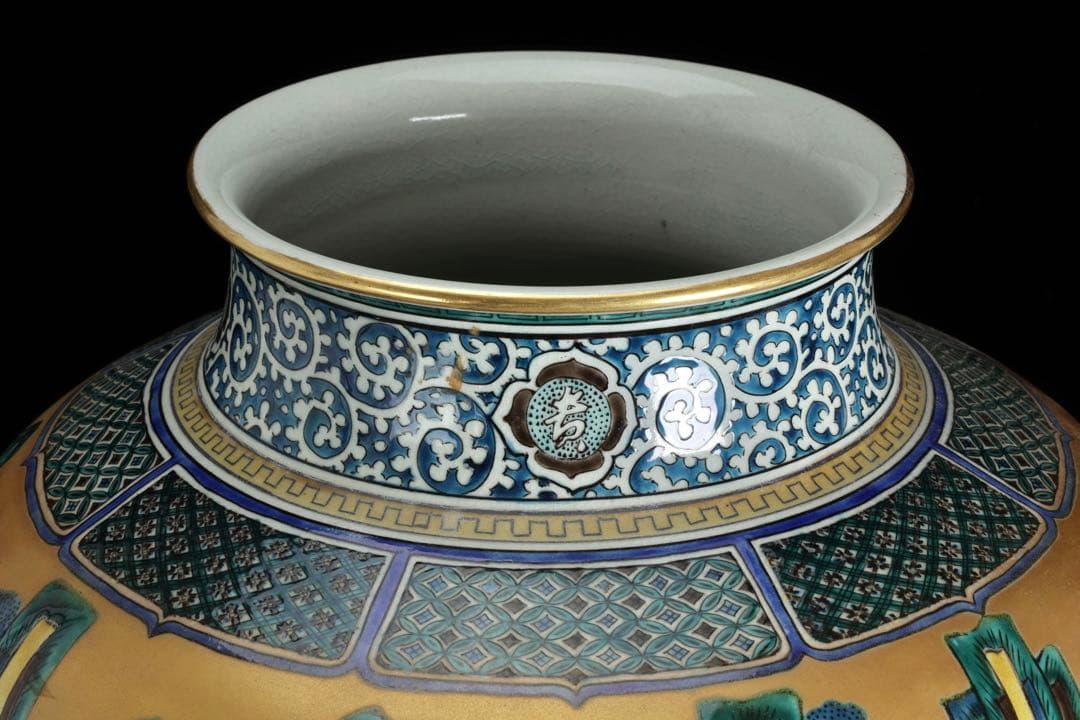 九谷焼 聚山作 金彩色絵 楼閣山水図 特大飾壺 高48㎝ 在銘 古美術 骨董品