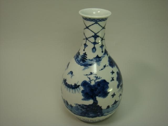 花瓶■幹山伝七 染付徳利花器 松竹梅紋 山水 箱付き 古美術 時代物 骨董品■