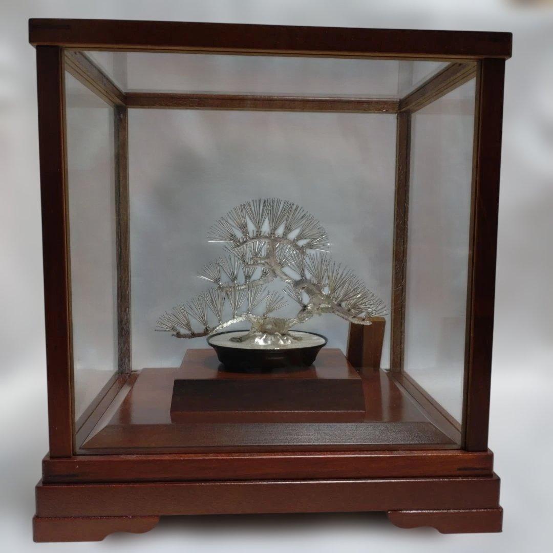 h*中様 純銀製 光則作 盆栽 2号「松」ガラスケース・紙箱付き
