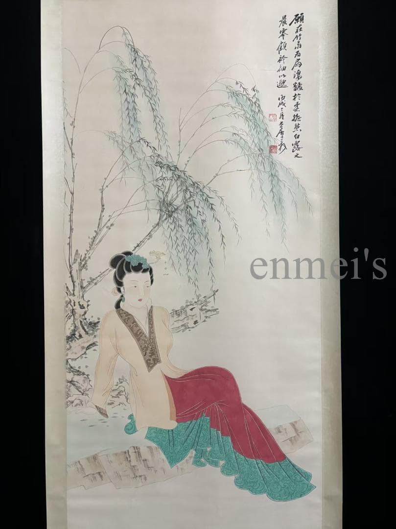中国古美術・純手描き仕女図掛軸・水彩画・張大千印款・書道品・絹本・肉筆・一物一图