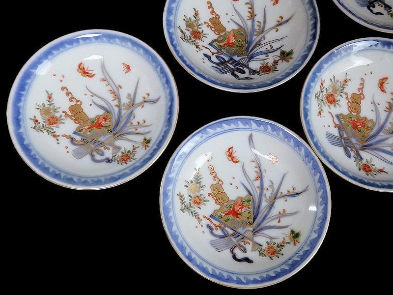 古伊万里　染錦　扇に蘭　蝶に撫子の図　４寸皿　５枚　D756AS-fbjc