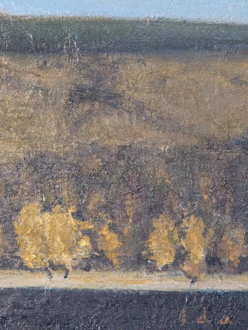 【真作】絵画　井田　油彩4号　晩秋の山湖　黄金の並木　秋の気配　Y135