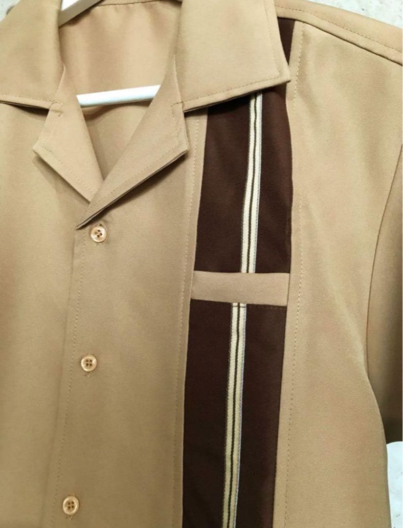 グリーンスパンズ　ベージュ ストライプ 半袖シャツ