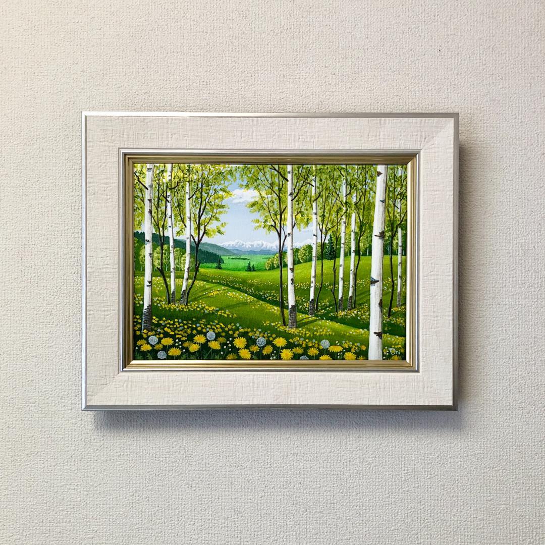 アクリル画　原画　「タンポポの咲くフィールド01」額縁付　F4サイズ　キャンバス