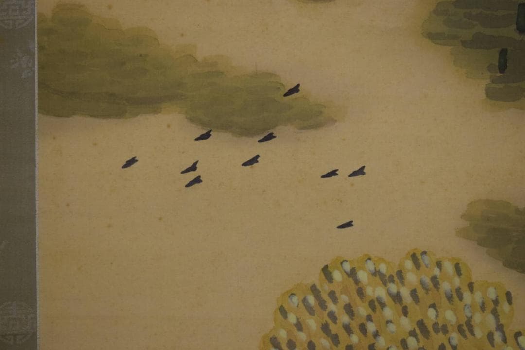 真作/紫峰/晩秋漁船図/軸先紫檀/絹表装/桐箱二重箱付/布袋屋掛軸HH-461