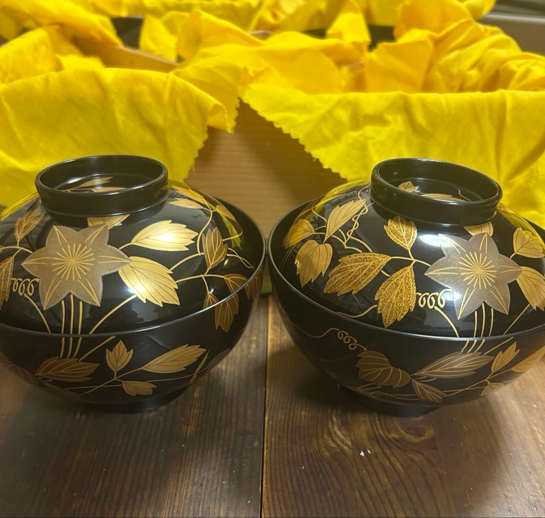 能登輪島塗 吸い物椀 鉄線 金彩蒔絵 前田定治郎　お椀 蓋付 汁椀　未使用希少品