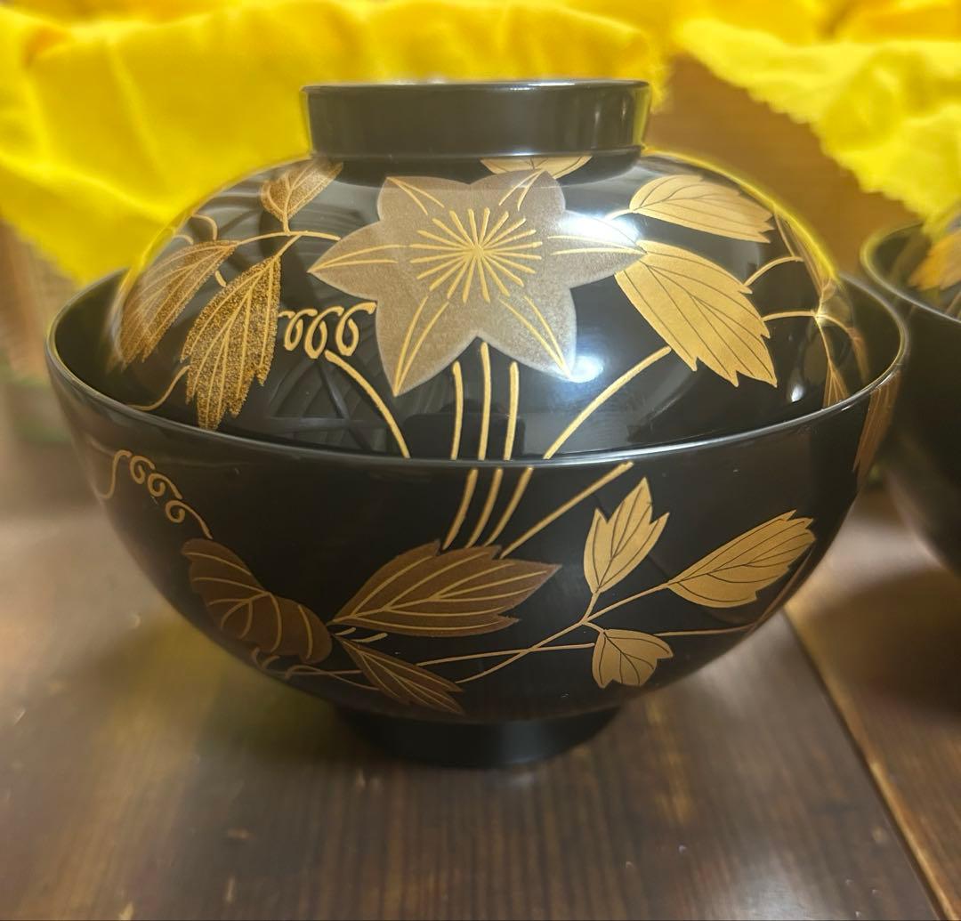 能登輪島塗 吸い物椀 鉄線 金彩蒔絵 前田定治郎　お椀 蓋付 汁椀　未使用希少品