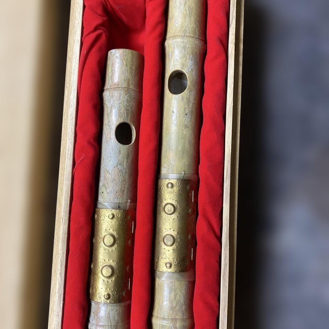 希少美術工芸 玉笛 二本組 木箱入り 天然石 玉製 吐金工藝