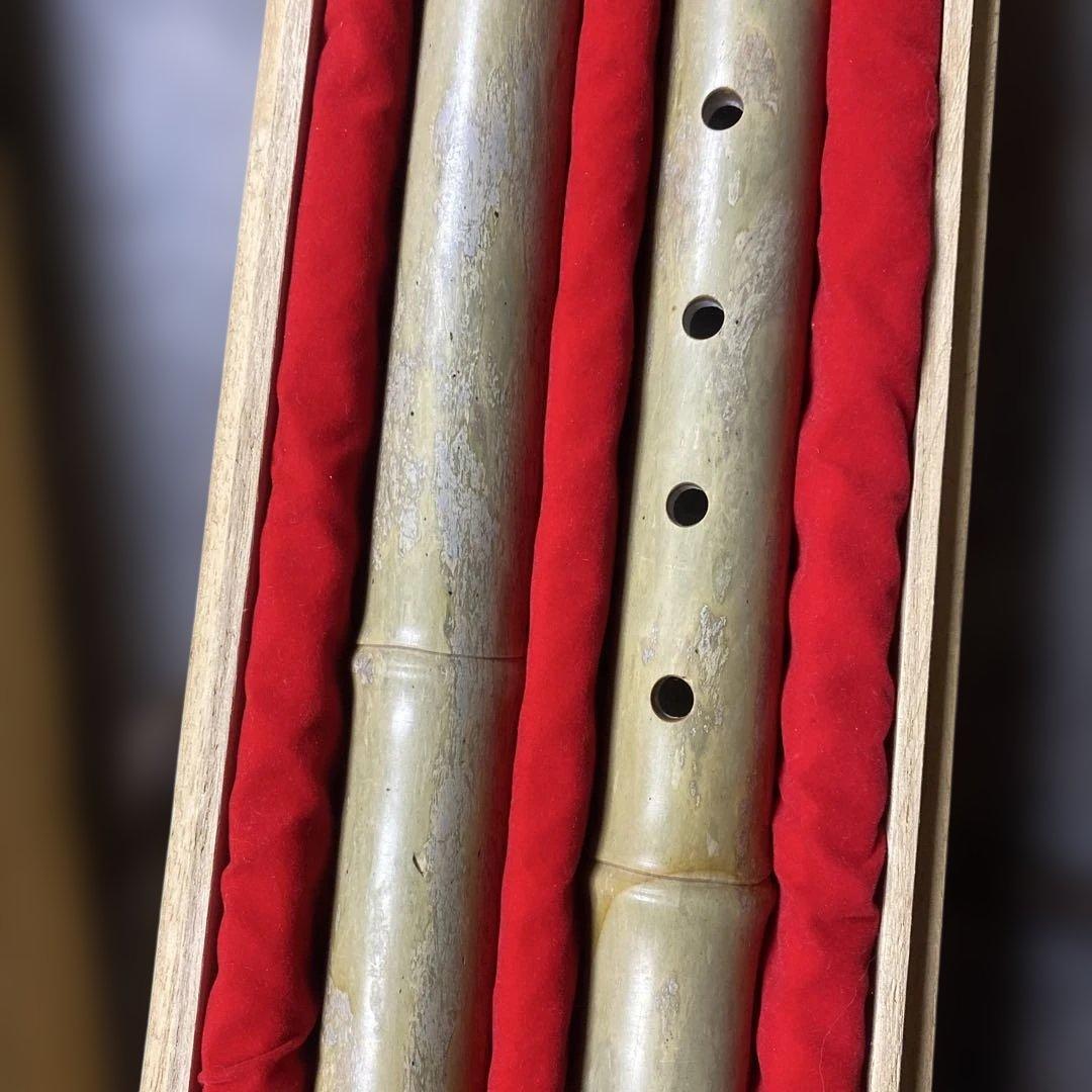 希少美術工芸 玉笛 二本組 木箱入り 天然石 玉製 吐金工藝